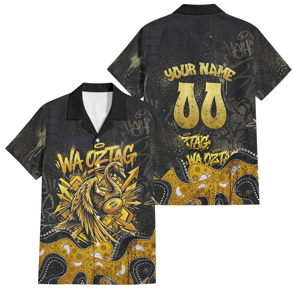 Personalised Western Australia Oztag Swan Family Matching Off Shoulder Short Dress and Hawaiian Shirt Black Gold Graffiti Aboriginal Dot Pattern