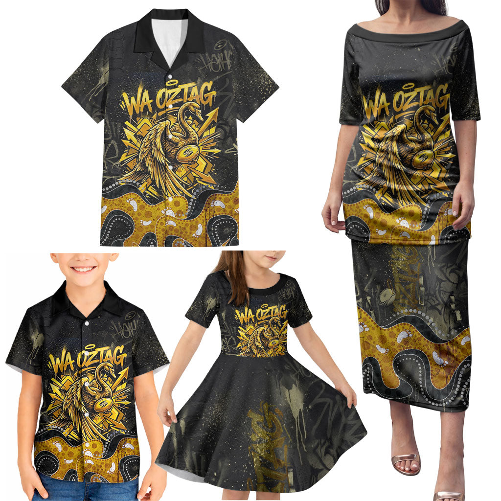 Personalised Western Australia Oztag Swan Family Matching Puletasi and Hawaiian Shirt Black Gold Graffiti Aboriginal Dot Pattern