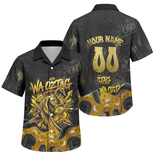 Personalised Western Australia Oztag Swan Family Matching Puletasi and Hawaiian Shirt Black Gold Graffiti Aboriginal Dot Pattern