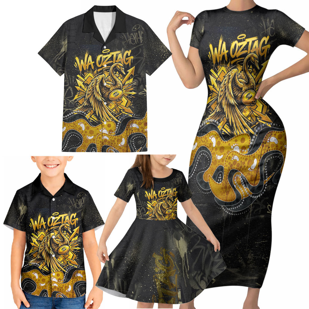 Personalised Western Australia Oztag Swan Family Matching Short Sleeve Bodycon Dress and Hawaiian Shirt Black Gold Graffiti Aboriginal Dot Pattern