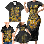 Personalised Western Australia Oztag Swan Family Matching Short Sleeve Bodycon Dress and Hawaiian Shirt Black Gold Graffiti Aboriginal Dot Pattern