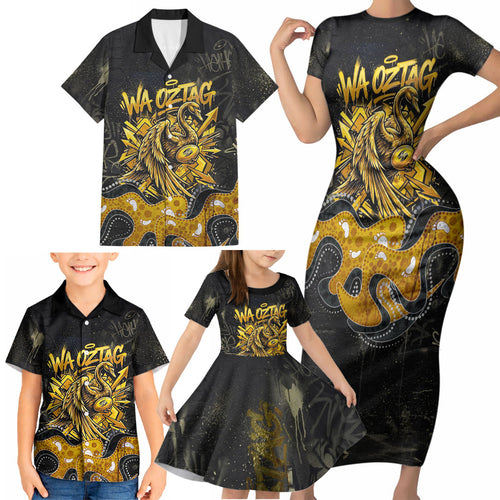 Personalised Western Australia Oztag Swan Family Matching Short Sleeve Bodycon Dress and Hawaiian Shirt Black Gold Graffiti Aboriginal Dot Pattern