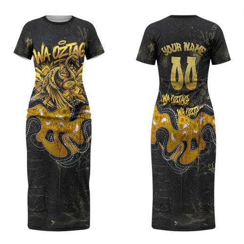 Personalised Western Australia Oztag Swan Family Matching Short Sleeve Bodycon Dress and Hawaiian Shirt Black Gold Graffiti Aboriginal Dot Pattern