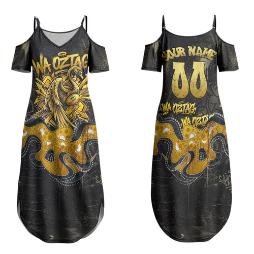 Personalised Western Australia Oztag Swan Family Matching Summer Maxi Dress and Hawaiian Shirt Black Gold Graffiti Aboriginal Dot Pattern