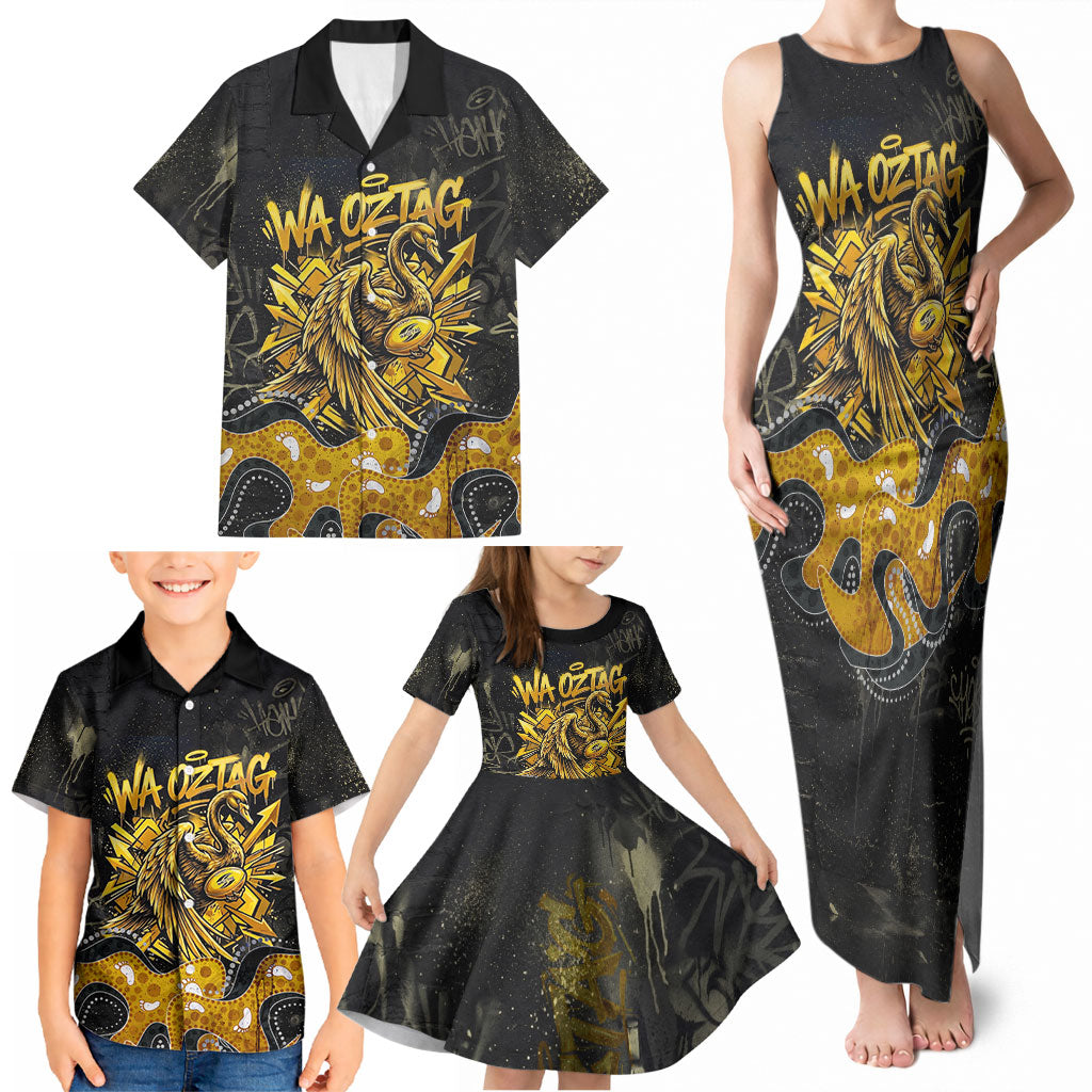 Personalised Western Australia Oztag Swan Family Matching Tank Maxi Dress and Hawaiian Shirt Black Gold Graffiti Aboriginal Dot Pattern