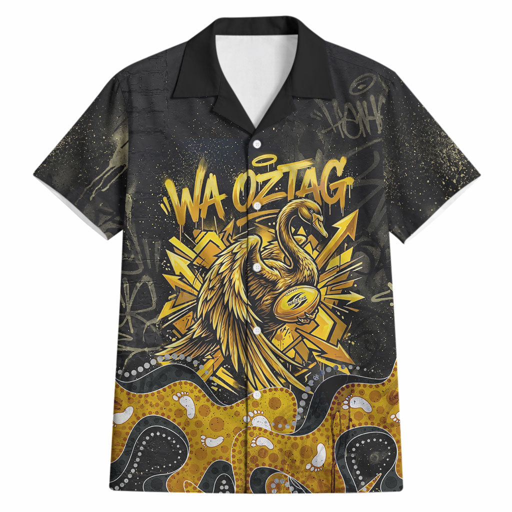 Personalised Western Australia Oztag Swan Hawaiian Shirt Black Gold Graffiti Aboriginal Dot Pattern