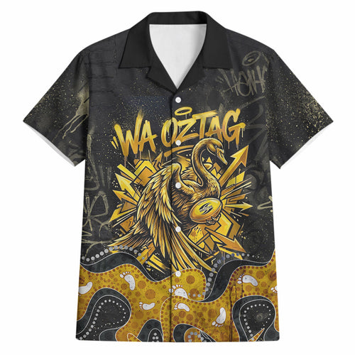 Personalised Western Australia Oztag Swan Hawaiian Shirt Black Gold Graffiti Aboriginal Dot Pattern