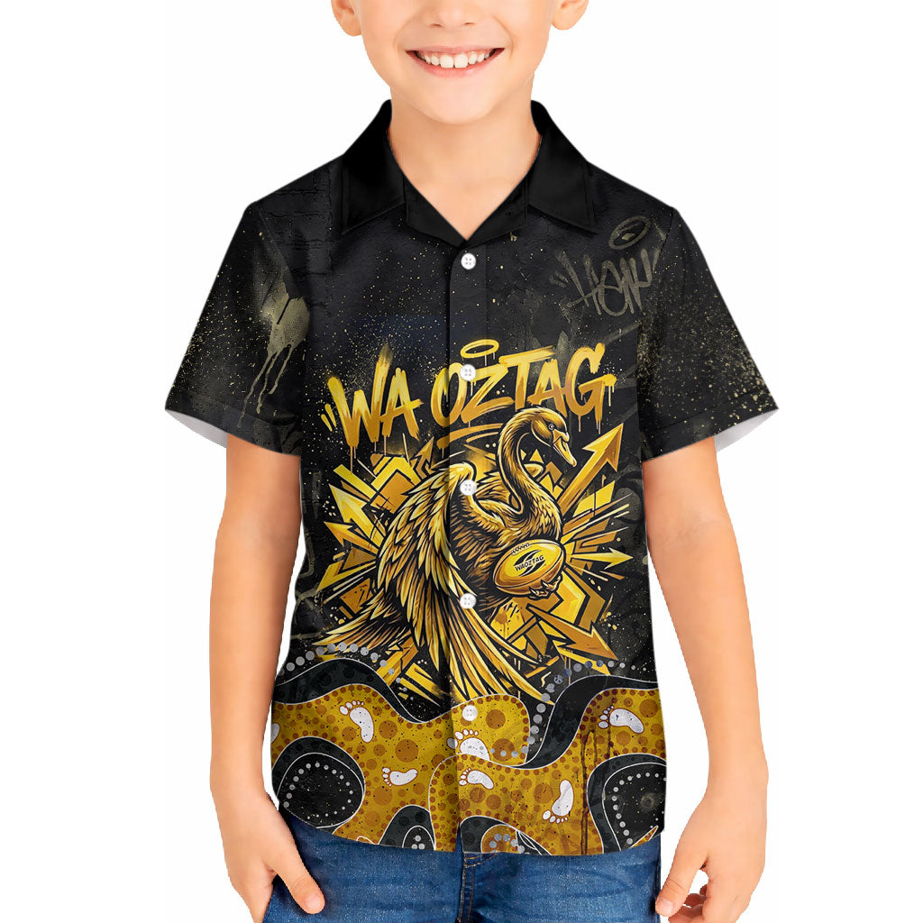 Personalised Western Australia Oztag Swan Hawaiian Shirt Black Gold Graffiti Aboriginal Dot Pattern