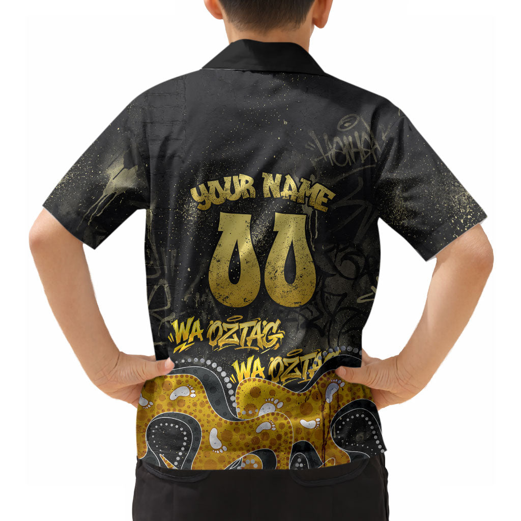 Personalised Western Australia Oztag Swan Hawaiian Shirt Black Gold Graffiti Aboriginal Dot Pattern