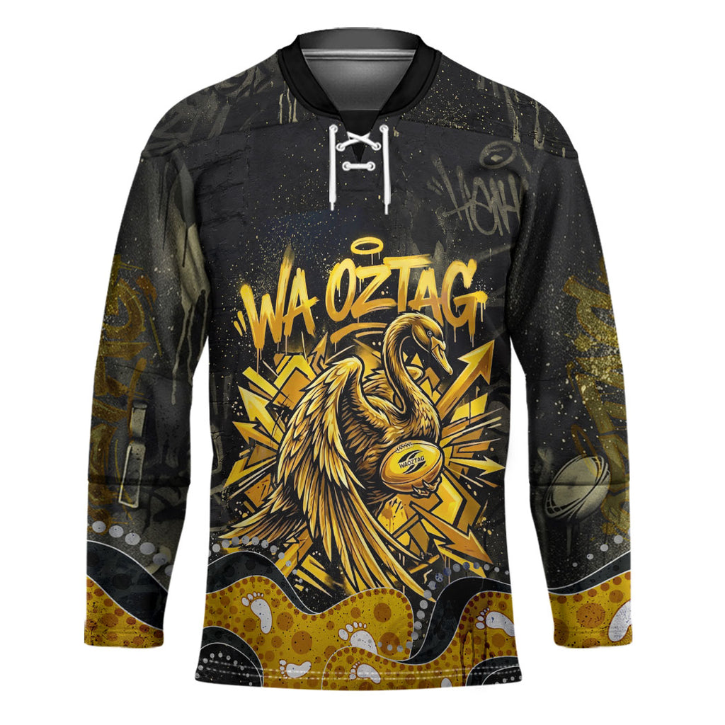 Personalised Western Australia Oztag Swan Hockey Jersey Black Gold Graffiti Aboriginal Dot Pattern