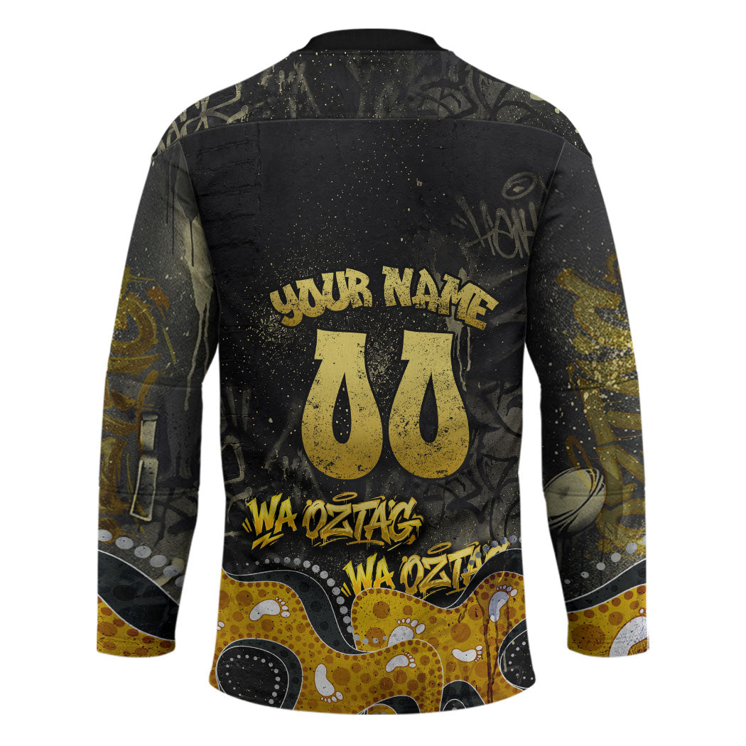 Personalised Western Australia Oztag Swan Hockey Jersey Black Gold Graffiti Aboriginal Dot Pattern