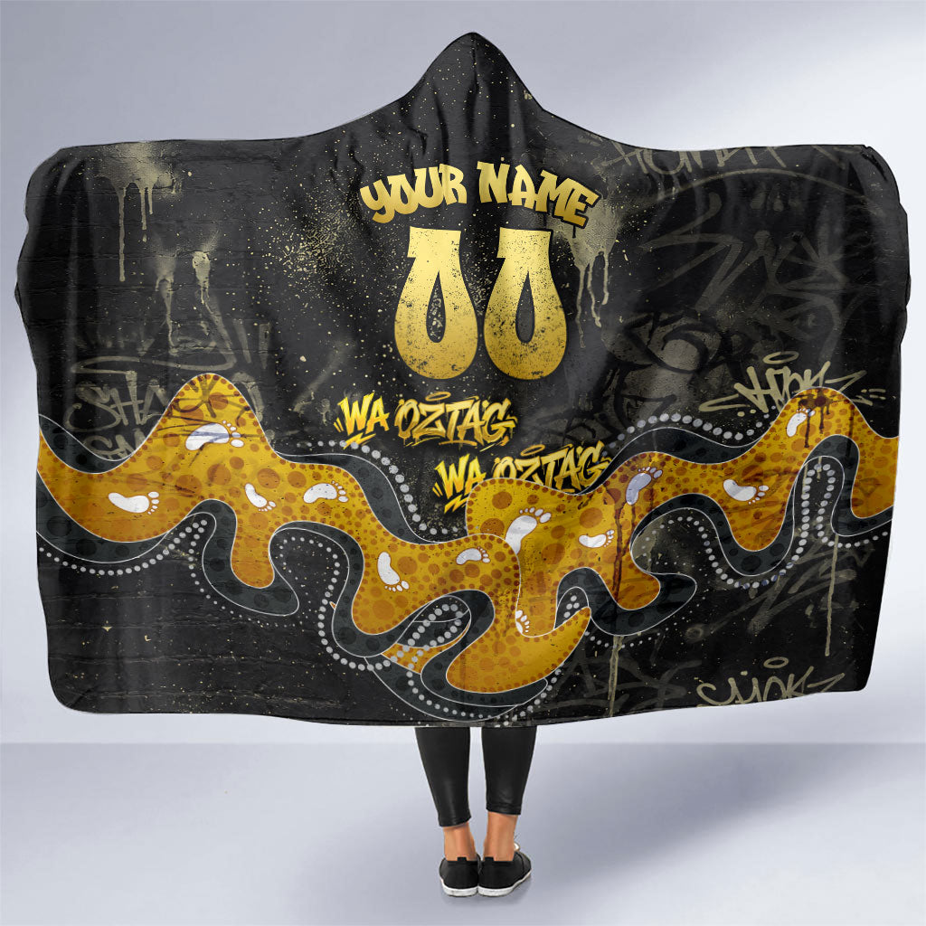 Personalised Western Australia Oztag Swan Hooded Blanket Black Gold Graffiti Aboriginal Dot Pattern