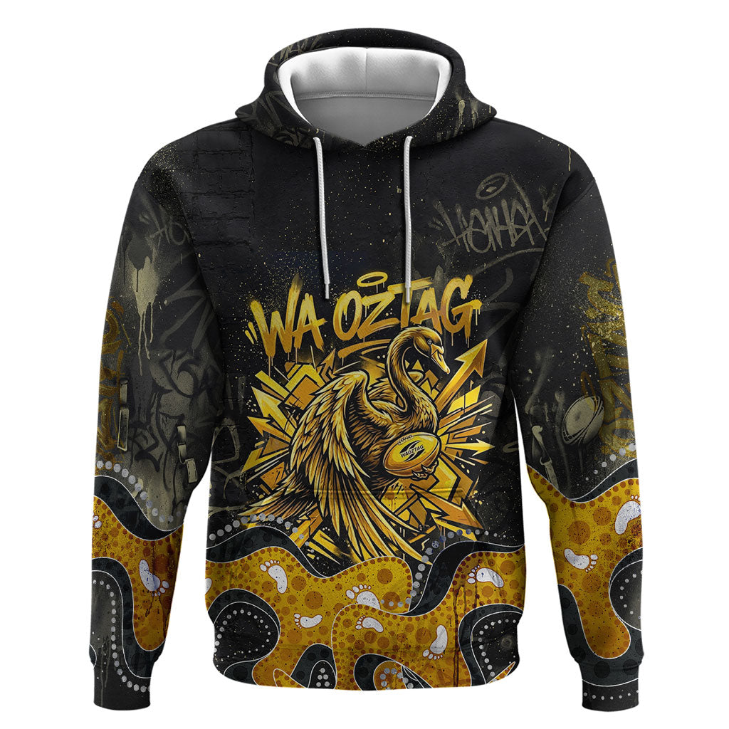 Personalised Western Australia Oztag Swan Hoodie Black Gold Graffiti Aboriginal Dot Pattern
