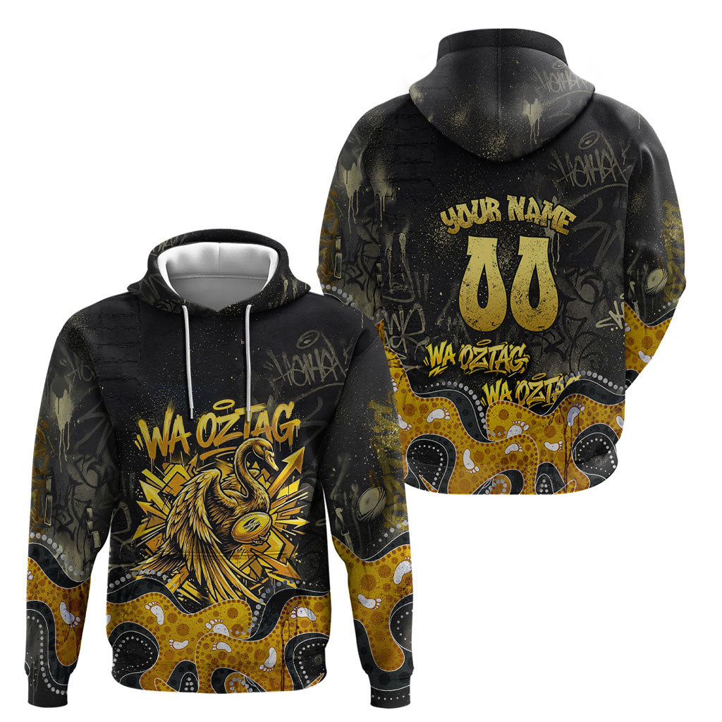 Personalised Western Australia Oztag Swan Hoodie Black Gold Graffiti Aboriginal Dot Pattern