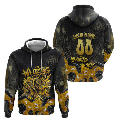 Personalised Western Australia Oztag Swan Hoodie Black Gold Graffiti Aboriginal Dot Pattern