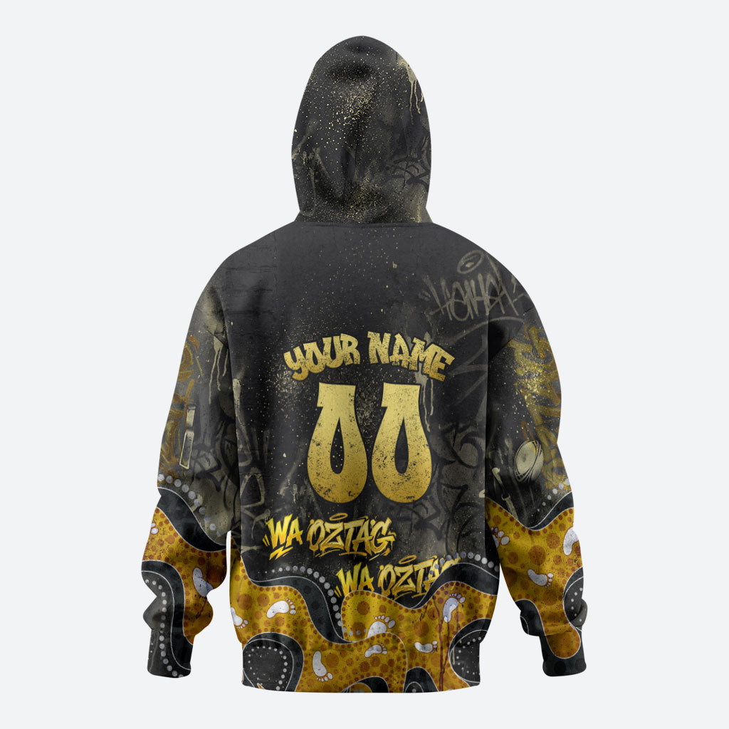 Personalised Western Australia Oztag Swan Hoodie Black Gold Graffiti Aboriginal Dot Pattern