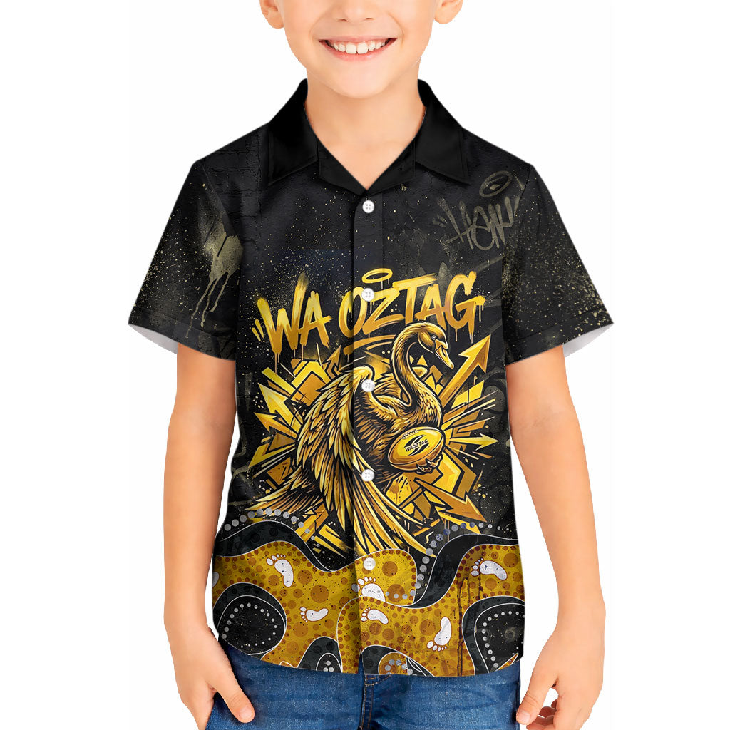 Personalised Western Australia Oztag Swan Kid Hawaiian Shirt Black Gold Graffiti Aboriginal Dot Pattern