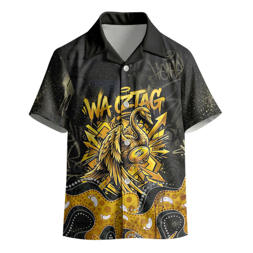 Personalised Western Australia Oztag Swan Kid Hawaiian Shirt Black Gold Graffiti Aboriginal Dot Pattern