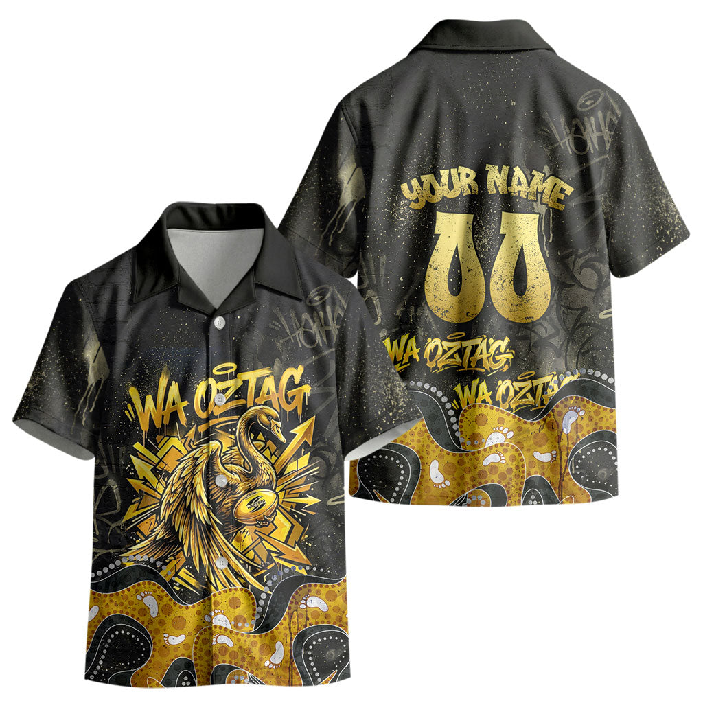 Personalised Western Australia Oztag Swan Kid Hawaiian Shirt Black Gold Graffiti Aboriginal Dot Pattern