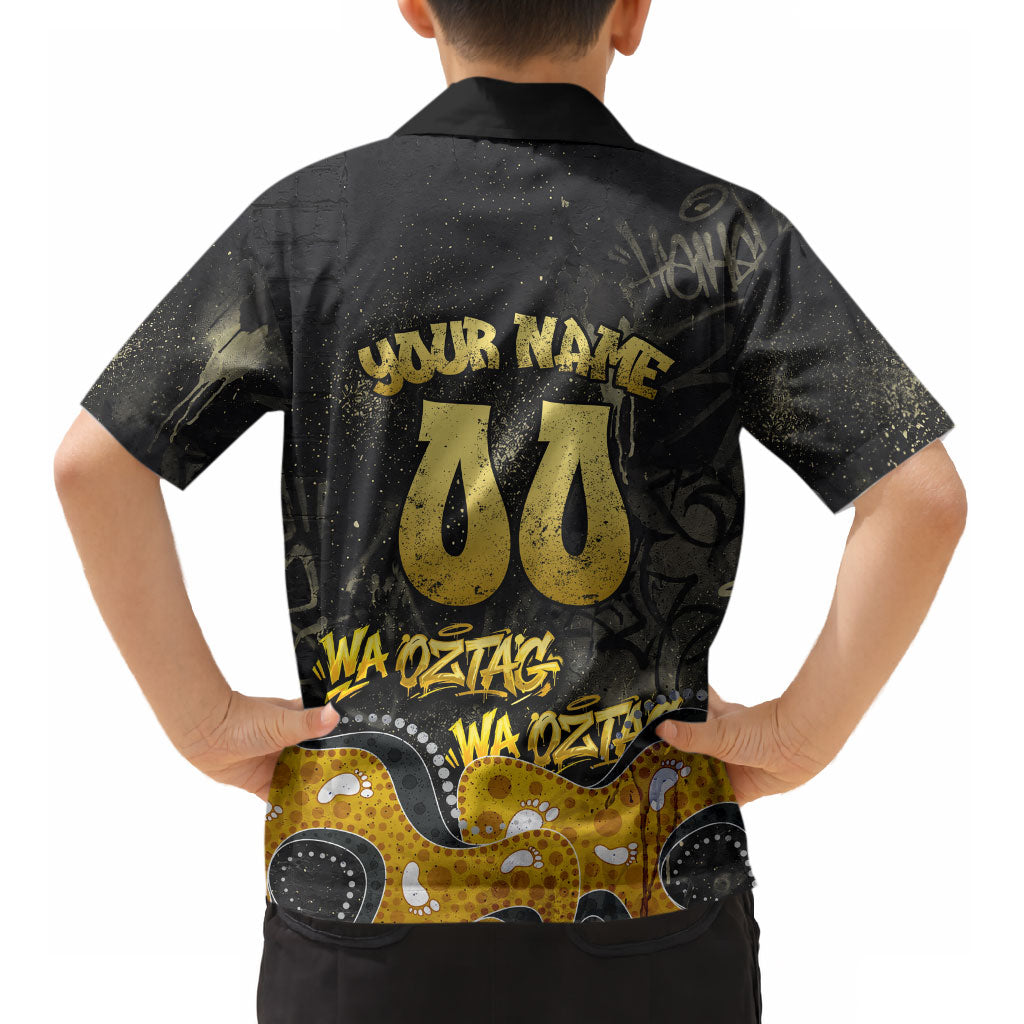 Personalised Western Australia Oztag Swan Kid Hawaiian Shirt Black Gold Graffiti Aboriginal Dot Pattern