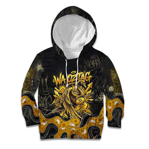 Personalised Western Australia Oztag Swan Kid Hoodie Black Gold Graffiti Aboriginal Dot Pattern