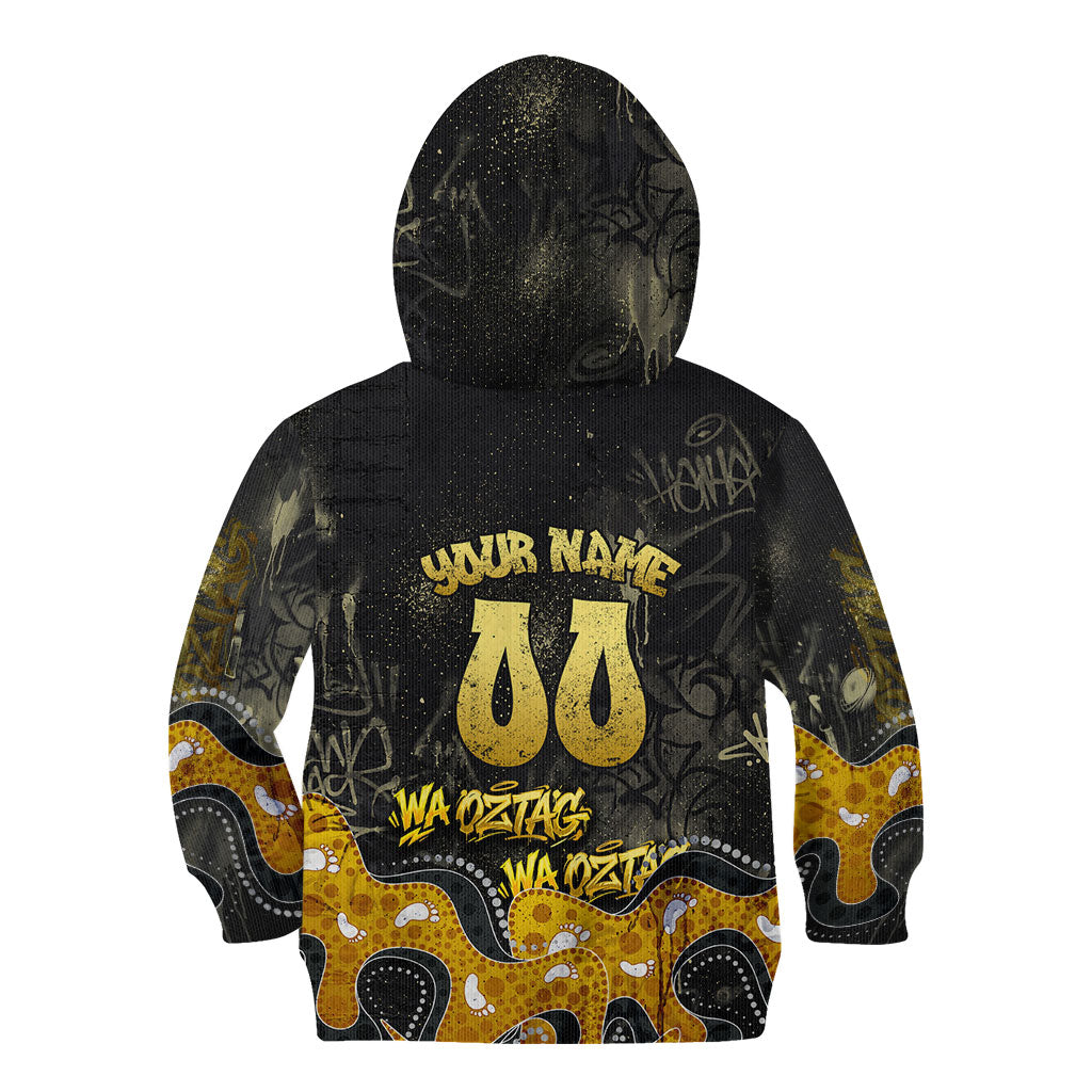 Personalised Western Australia Oztag Swan Kid Hoodie Black Gold Graffiti Aboriginal Dot Pattern