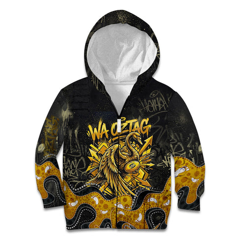 Personalised Western Australia Oztag Swan Kid Hoodie Black Gold Graffiti Aboriginal Dot Pattern