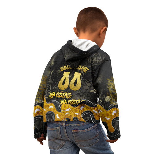 Personalised Western Australia Oztag Swan Kid Hoodie Black Gold Graffiti Aboriginal Dot Pattern