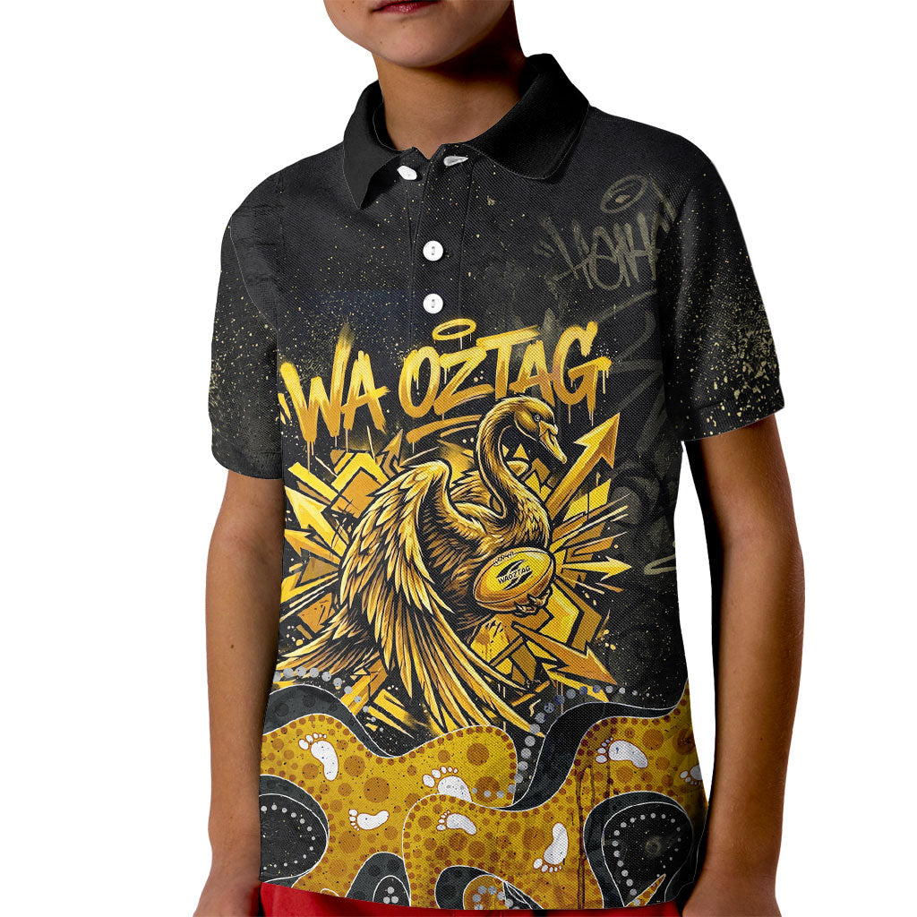 Personalised Western Australia Oztag Swan Kid Polo Shirt Black Gold Graffiti Aboriginal Dot Pattern