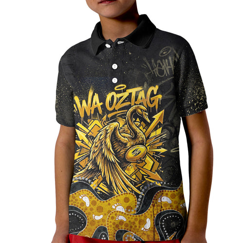 Personalised Western Australia Oztag Swan Kid Polo Shirt Black Gold Graffiti Aboriginal Dot Pattern