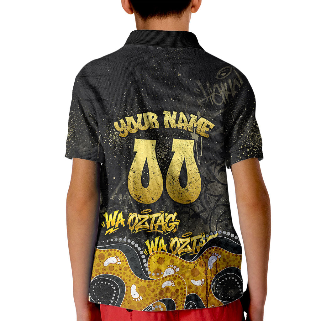 Personalised Western Australia Oztag Swan Kid Polo Shirt Black Gold Graffiti Aboriginal Dot Pattern
