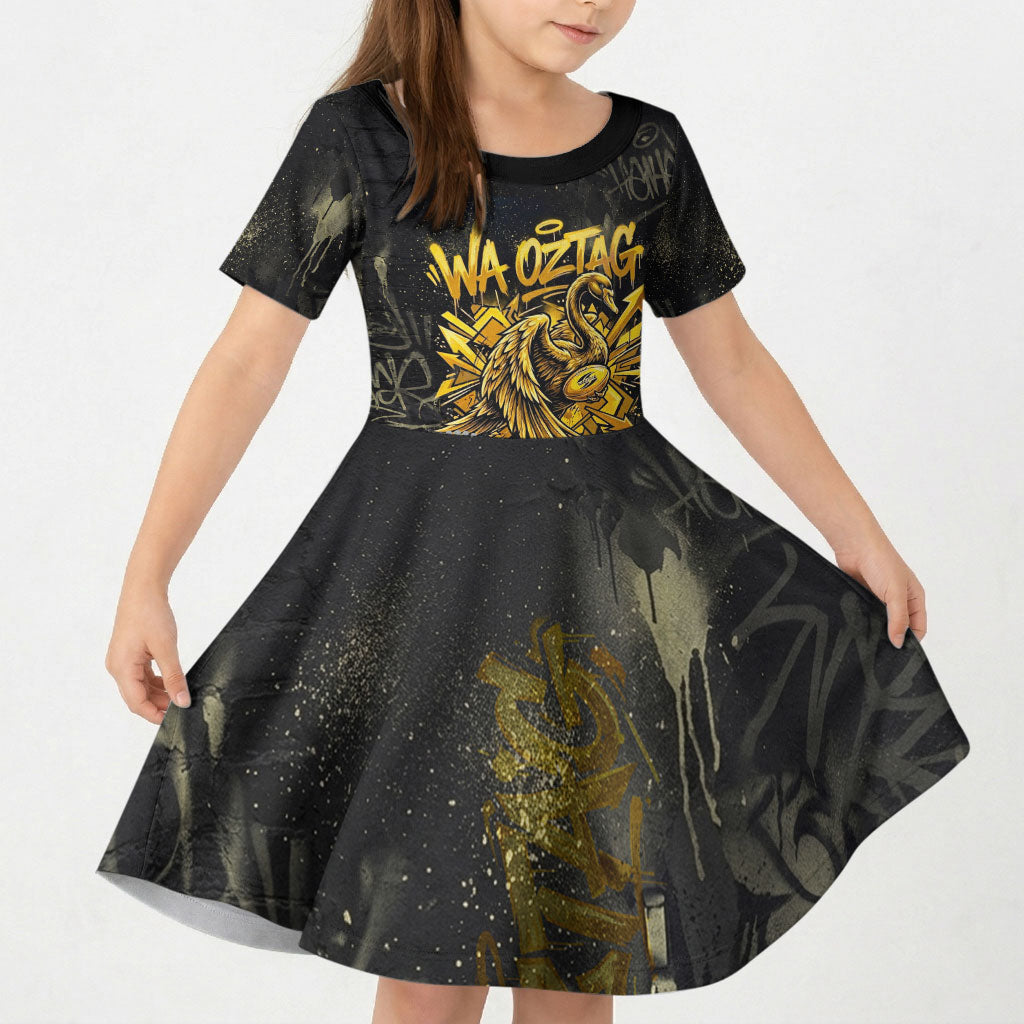 Personalised Western Australia Oztag Swan Kid Short Sleeve Dress Black Gold Graffiti Aboriginal Dot Pattern