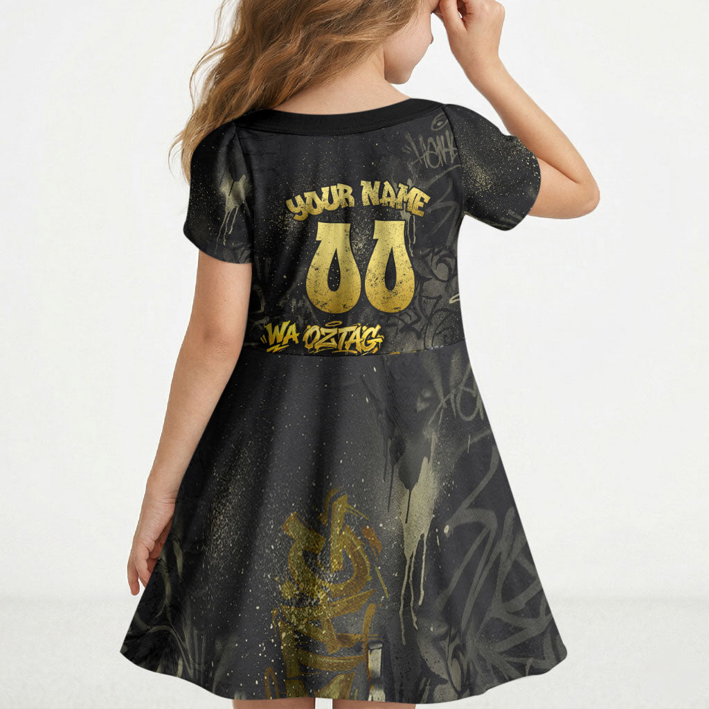Personalised Western Australia Oztag Swan Kid Short Sleeve Dress Black Gold Graffiti Aboriginal Dot Pattern