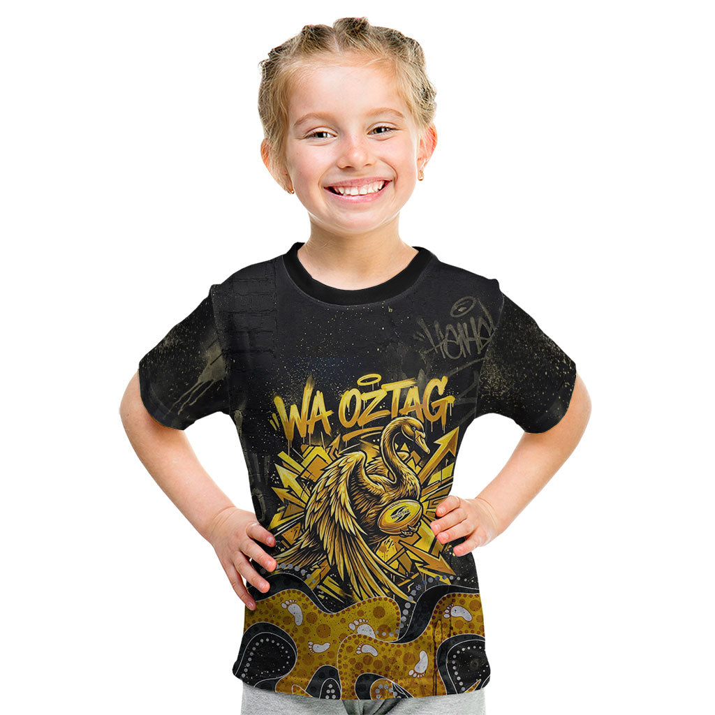 Personalised Western Australia Oztag Swan Kid T Shirt Black Gold Graffiti Aboriginal Dot Pattern