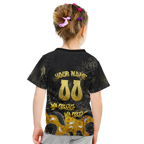 Personalised Western Australia Oztag Swan Kid T Shirt Black Gold Graffiti Aboriginal Dot Pattern