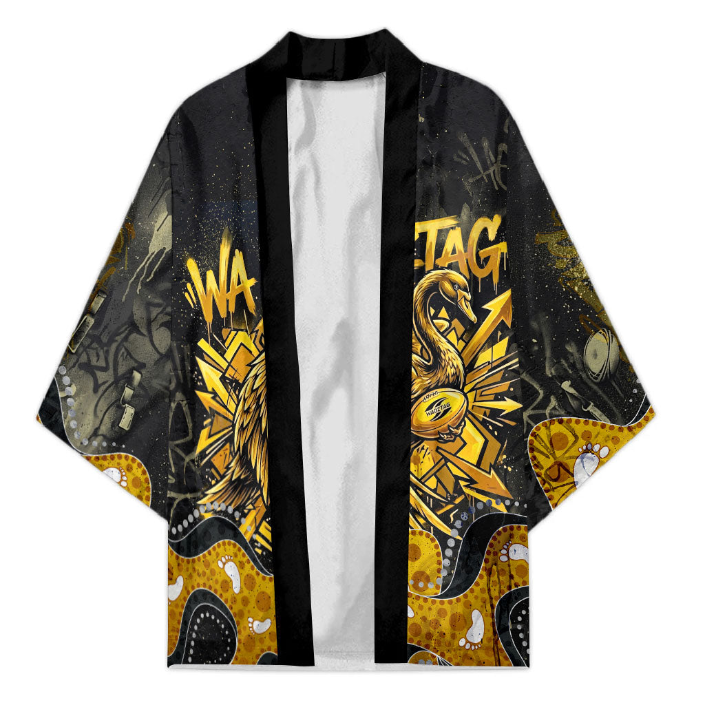 Personalised Western Australia Oztag Swan Kimono Black Gold Graffiti Aboriginal Dot Pattern