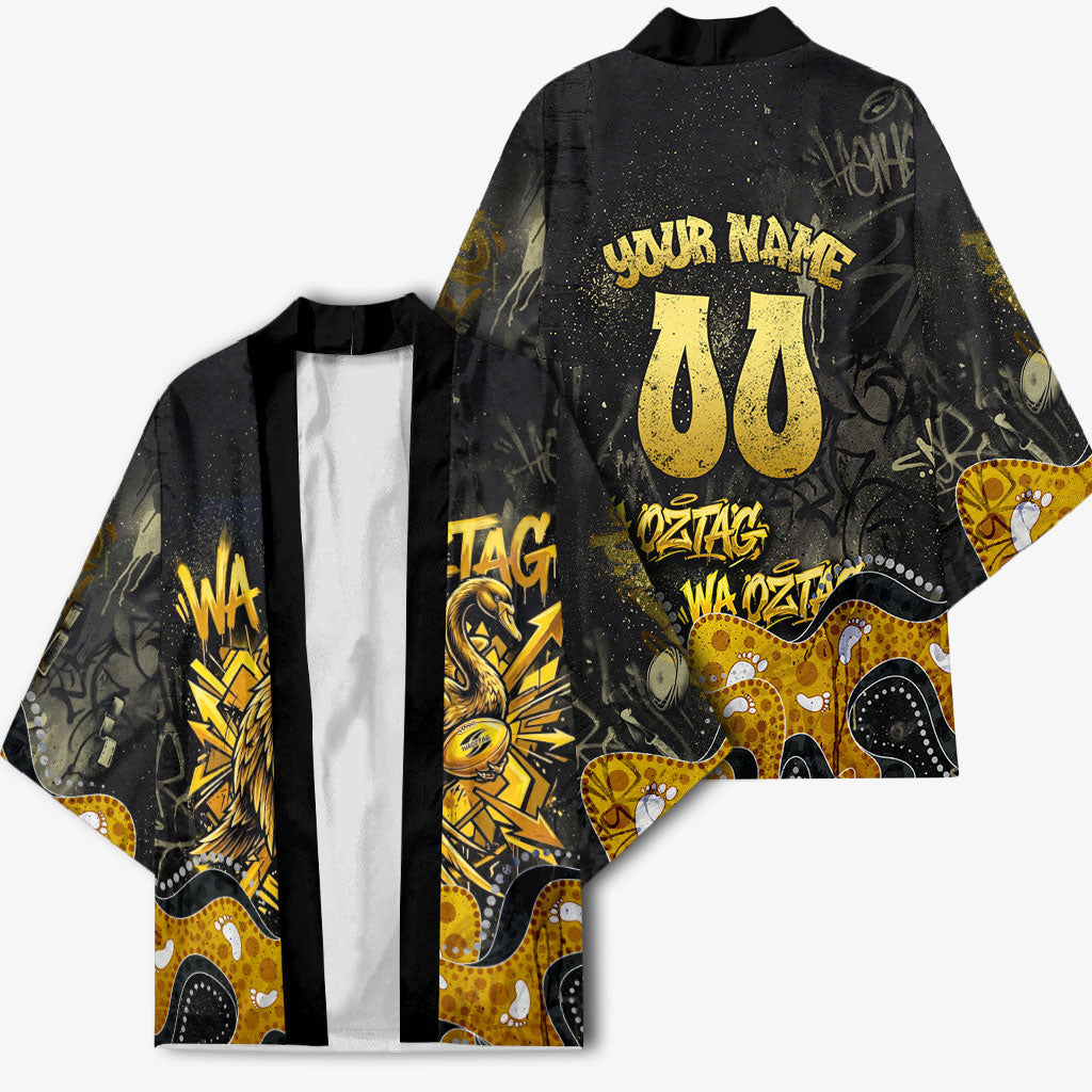 Personalised Western Australia Oztag Swan Kimono Black Gold Graffiti Aboriginal Dot Pattern