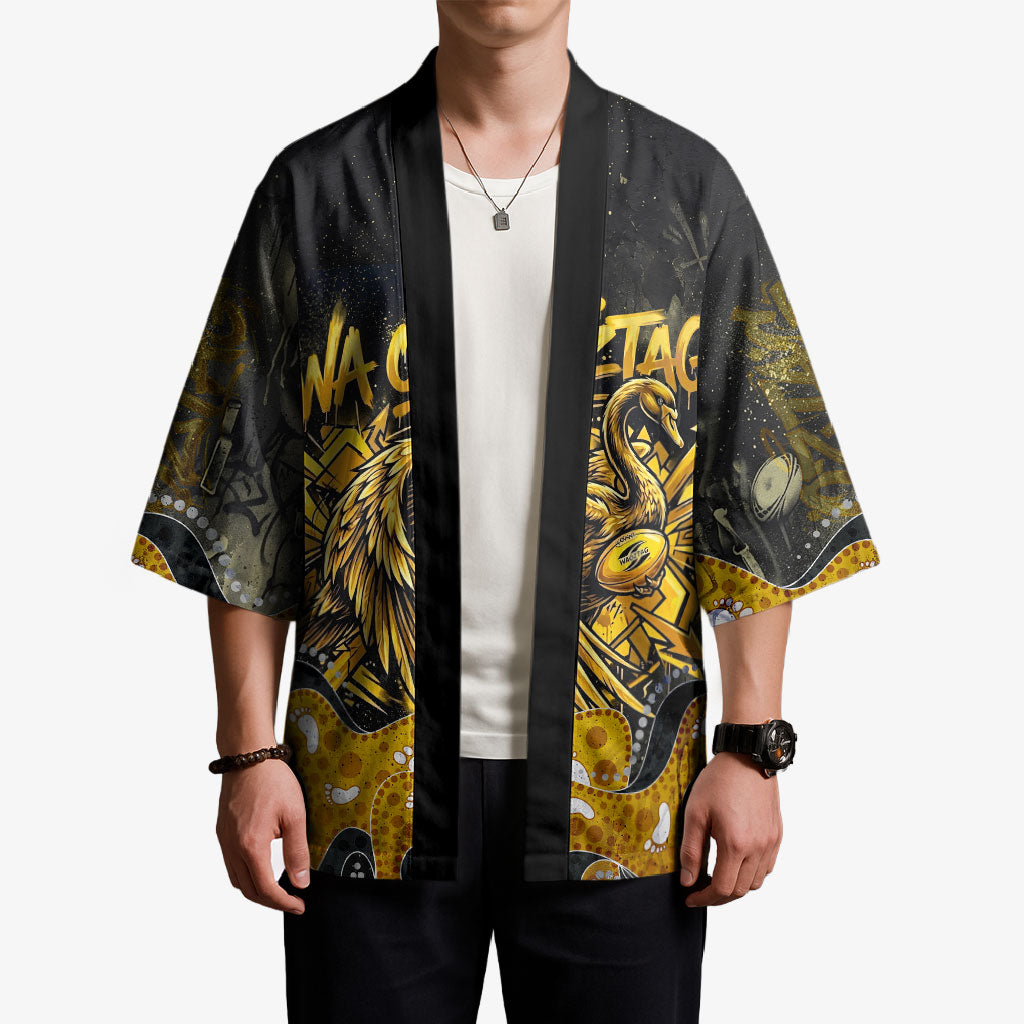 Personalised Western Australia Oztag Swan Kimono Black Gold Graffiti Aboriginal Dot Pattern