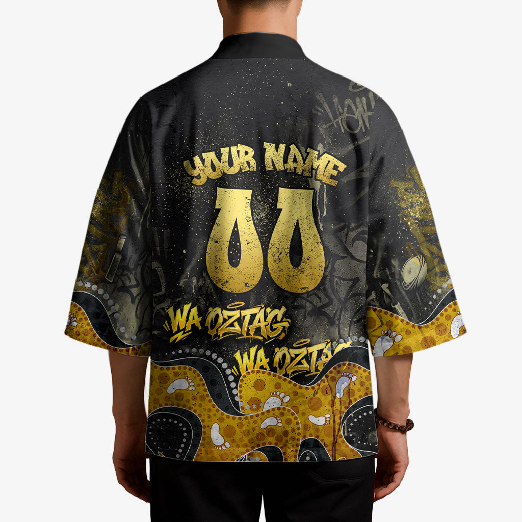 Personalised Western Australia Oztag Swan Kimono Black Gold Graffiti Aboriginal Dot Pattern
