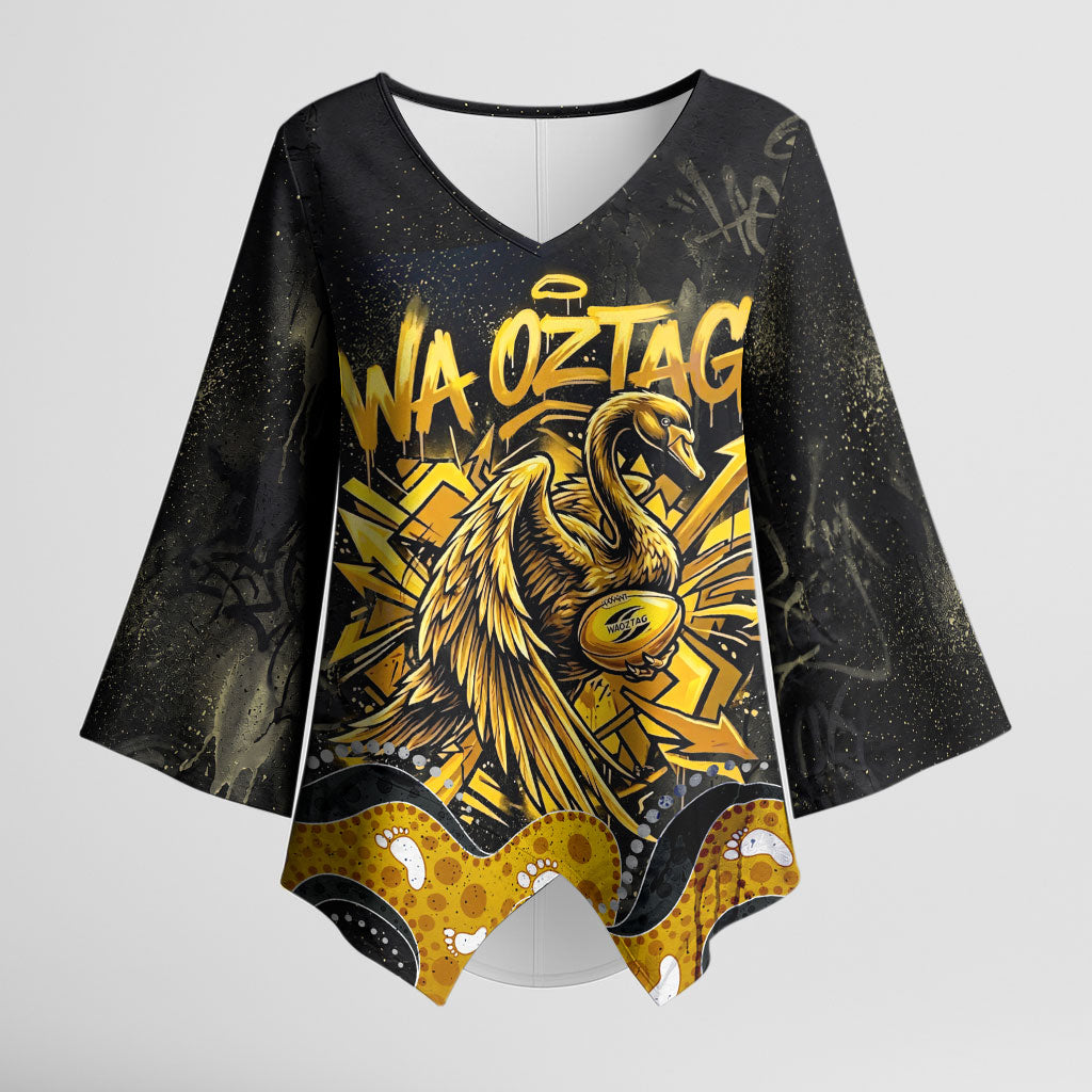 Personalised Western Australia Oztag Swan Kimono Sleeve Blouse Black Gold Graffiti Aboriginal Dot Pattern