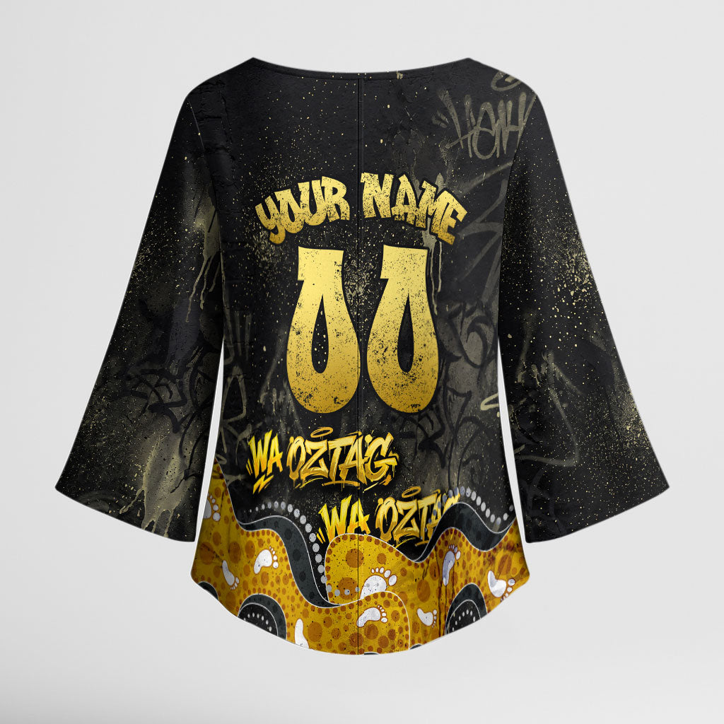 Personalised Western Australia Oztag Swan Kimono Sleeve Blouse Black Gold Graffiti Aboriginal Dot Pattern