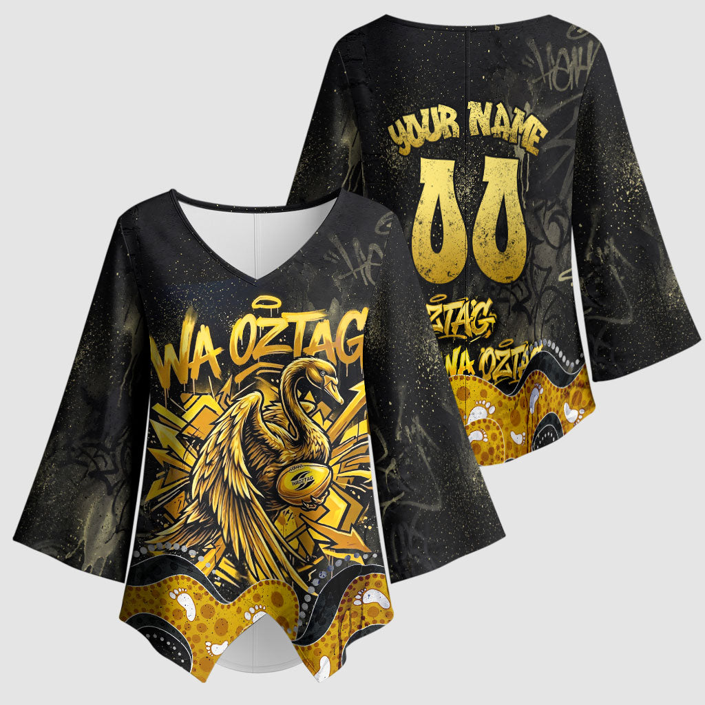 Personalised Western Australia Oztag Swan Kimono Sleeve Blouse Black Gold Graffiti Aboriginal Dot Pattern