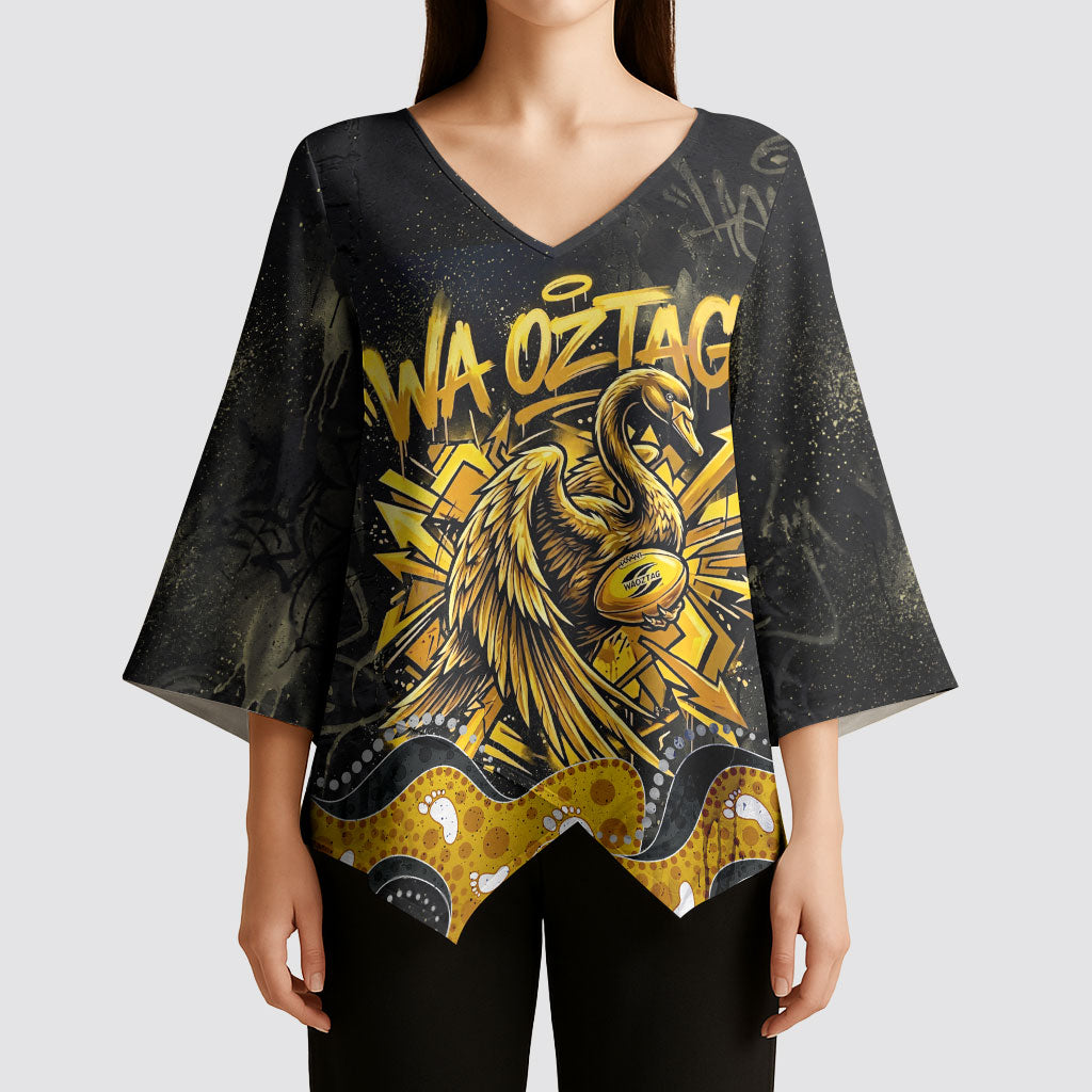 Personalised Western Australia Oztag Swan Kimono Sleeve Blouse Black Gold Graffiti Aboriginal Dot Pattern