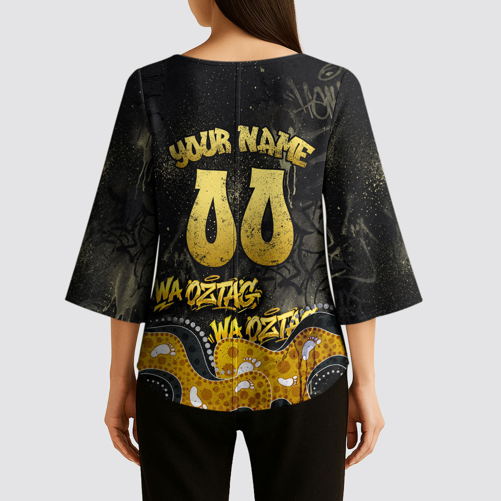 Personalised Western Australia Oztag Swan Kimono Sleeve Blouse Black Gold Graffiti Aboriginal Dot Pattern