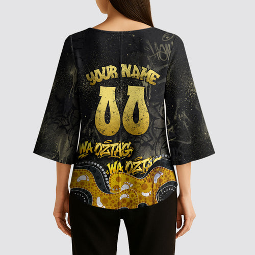 Personalised Western Australia Oztag Swan Kimono Sleeve Blouse Black Gold Graffiti Aboriginal Dot Pattern