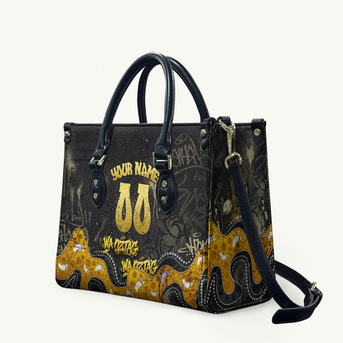 Personalised Western Australia Oztag Swan Leather Bag Black Gold Graffiti Aboriginal Dot Pattern