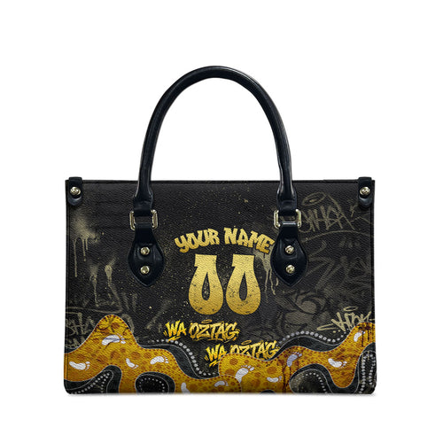 Personalised Western Australia Oztag Swan Leather Bag Black Gold Graffiti Aboriginal Dot Pattern