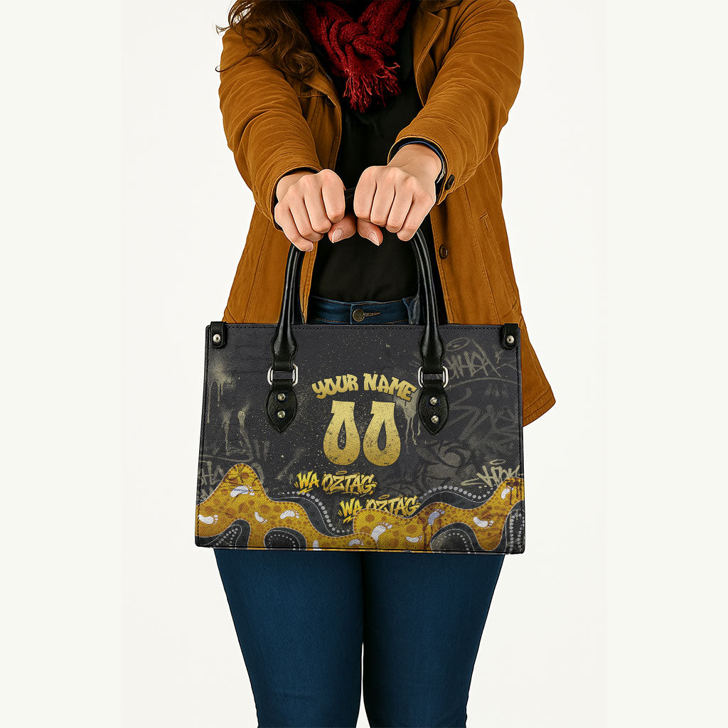 Personalised Western Australia Oztag Swan Leather Bag Black Gold Graffiti Aboriginal Dot Pattern
