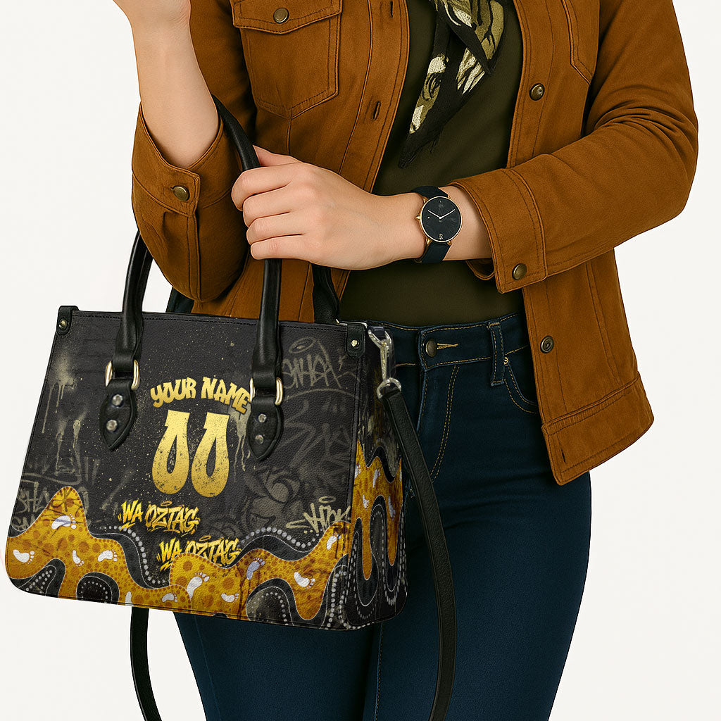 Personalised Western Australia Oztag Swan Leather Bag Black Gold Graffiti Aboriginal Dot Pattern
