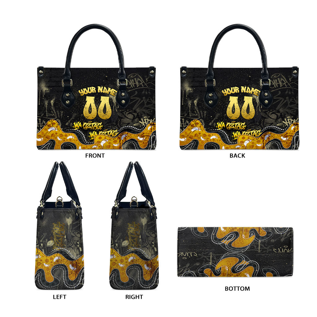 Personalised Western Australia Oztag Swan Leather Bag Black Gold Graffiti Aboriginal Dot Pattern